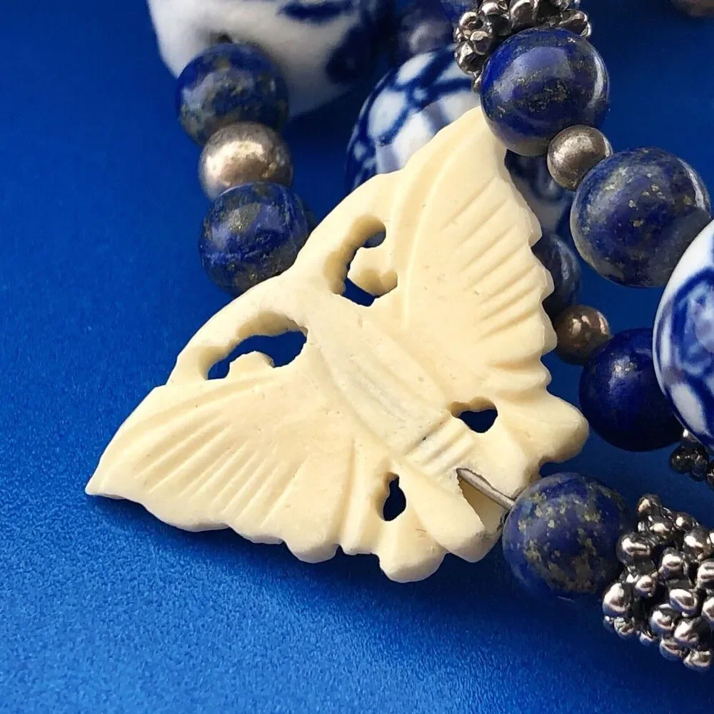 Sterling Silver 925 Lapis Ceramic Carved Cloisonne Bead Three Wrap Bracelet